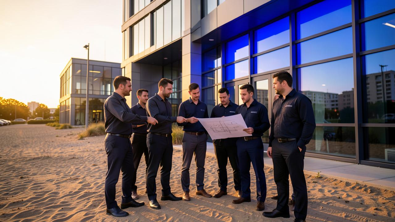 A security services team reviewing plans outside a modern office building at golden hour