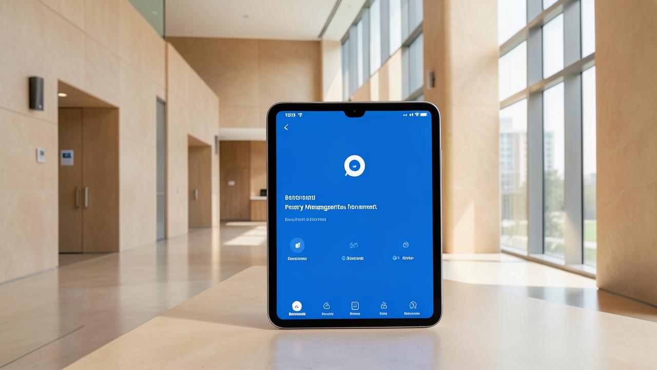 A tablet showing a property management app in a bright modern building lobby