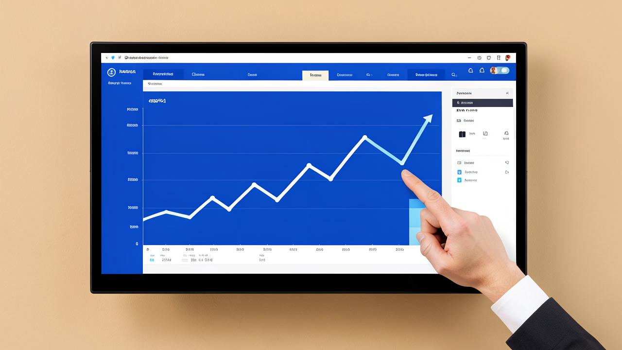 A strategist pointing at rising marketing analytics trends on a cobalt blue dashboard
