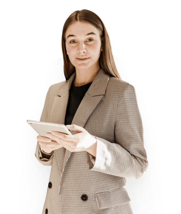 A woman in a plaid blazer holds a tablet, facing the camera with a confident expression. The background is a contrasting black and white arch design.