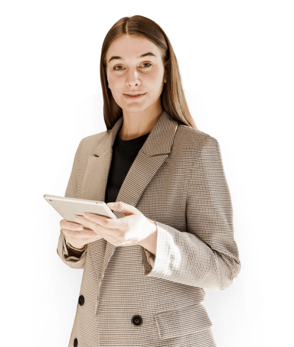 A woman in a plaid blazer holds a tablet, facing the camera with a confident expression. The background is a contrasting black and white arch design.